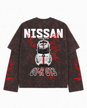 Nissan GT-R GT3 Vintage Acid Wash Layered Full Sleeve T-Shirt