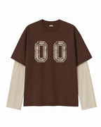 Brown & Cream “00”  Oversized Layered Varsity T-Shirt