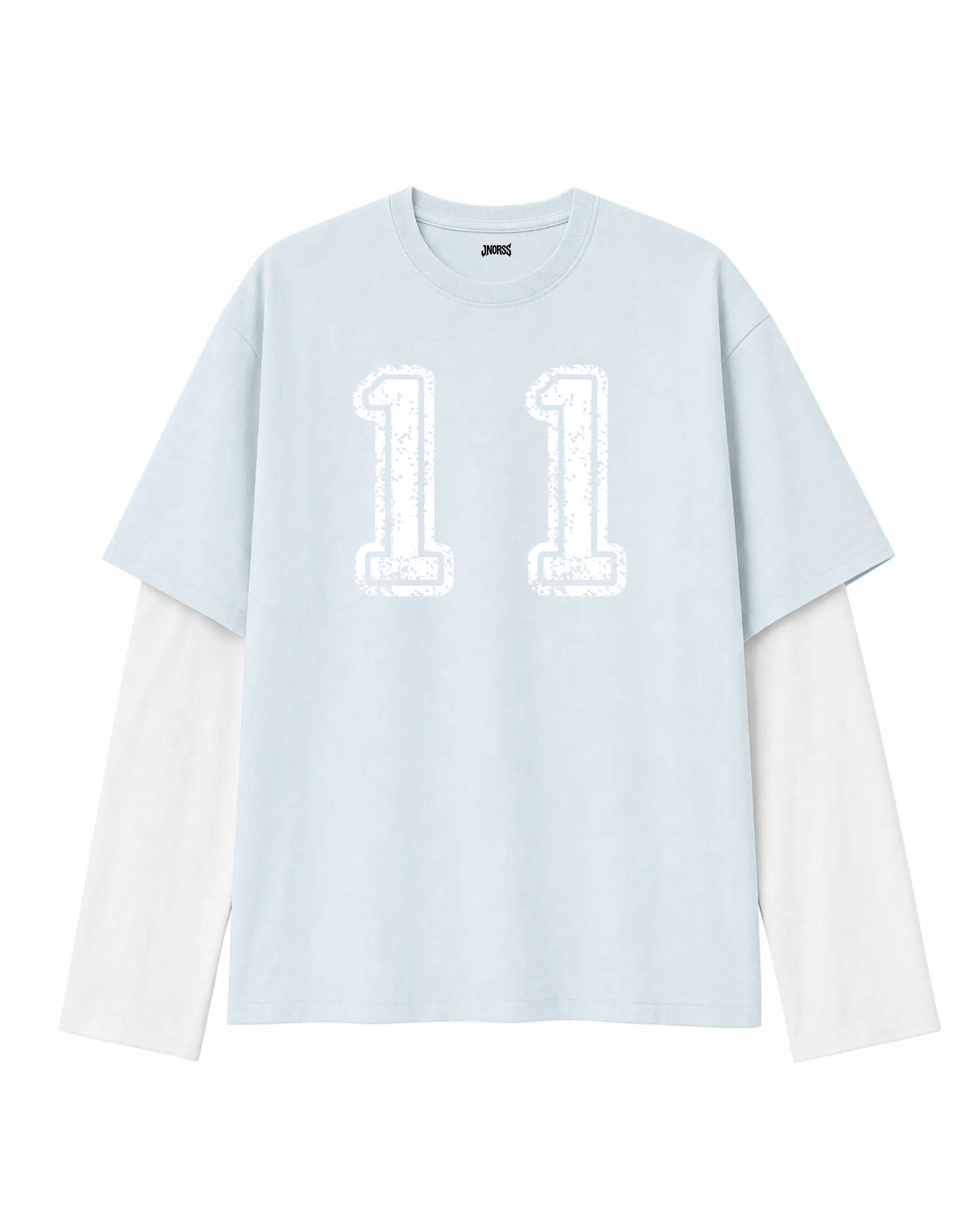Sky Blue & White  Oversized Layered “11” Graphic T-Shirt