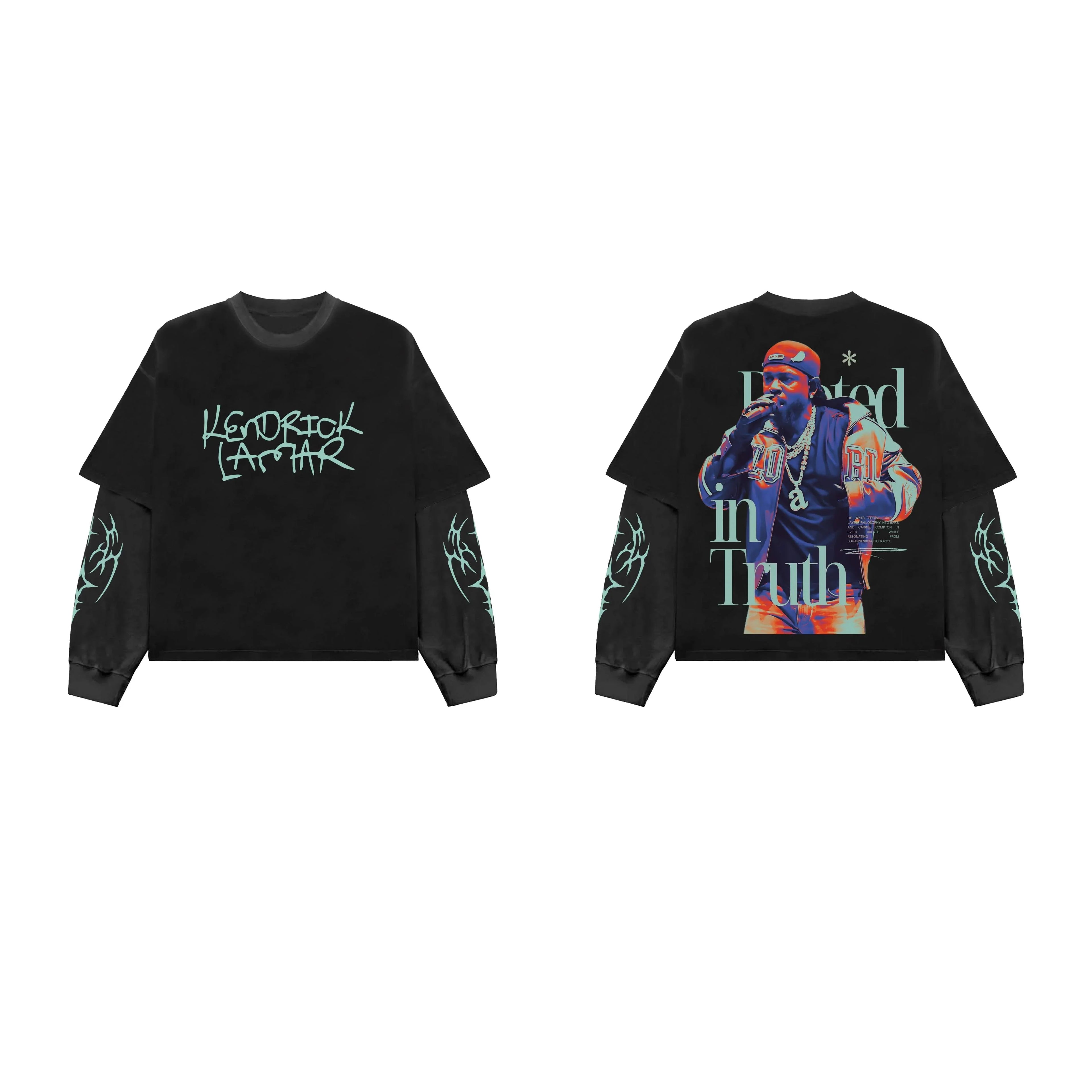 Black and grey Kendrick 01 oversized long sleeve tee by Jnorss, shown in black and grey fabric, with a relaxed fit and casual style.