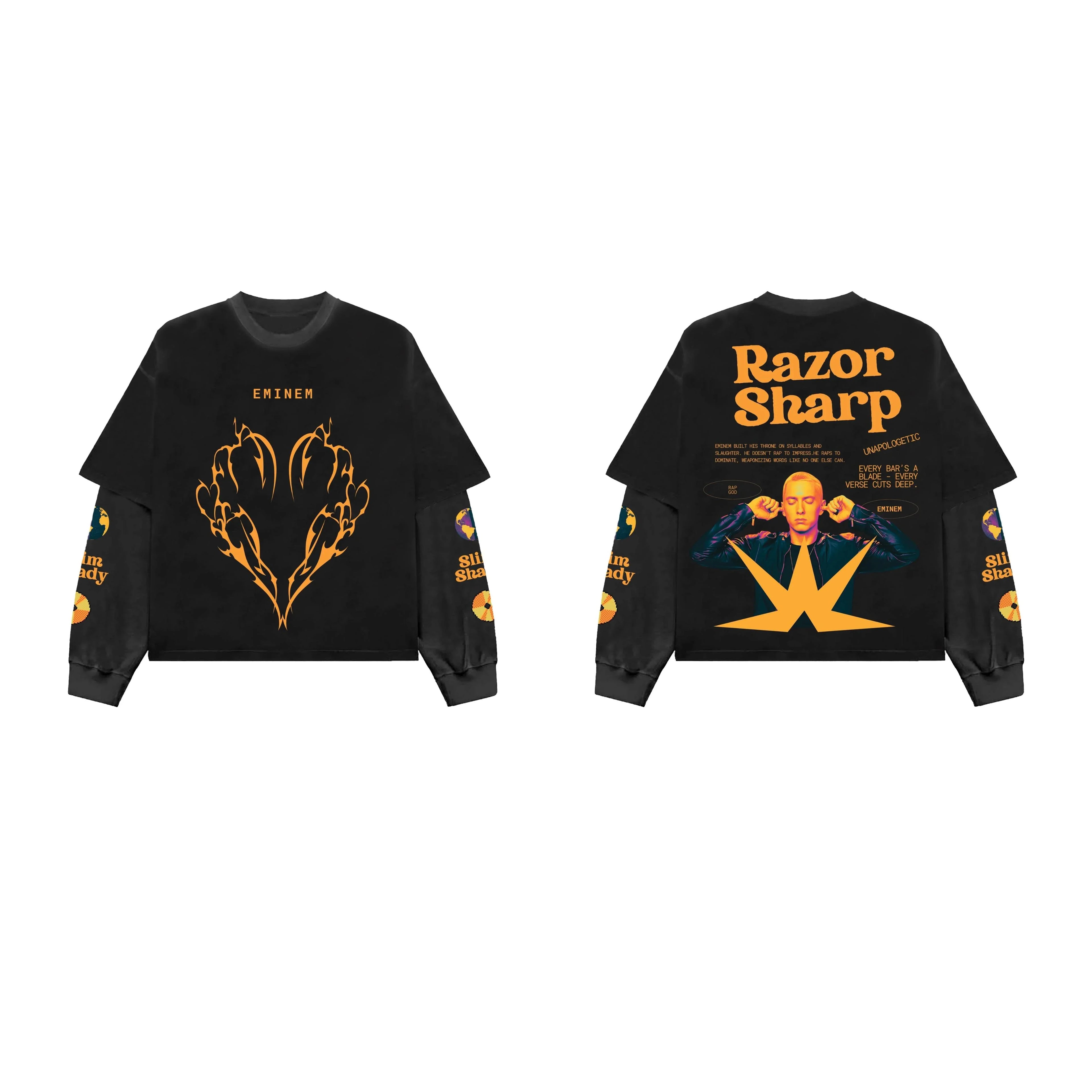 Black and grey Eminem designed oversized long sleeve tee by Jnorss, featuring bold graphic print on the front.