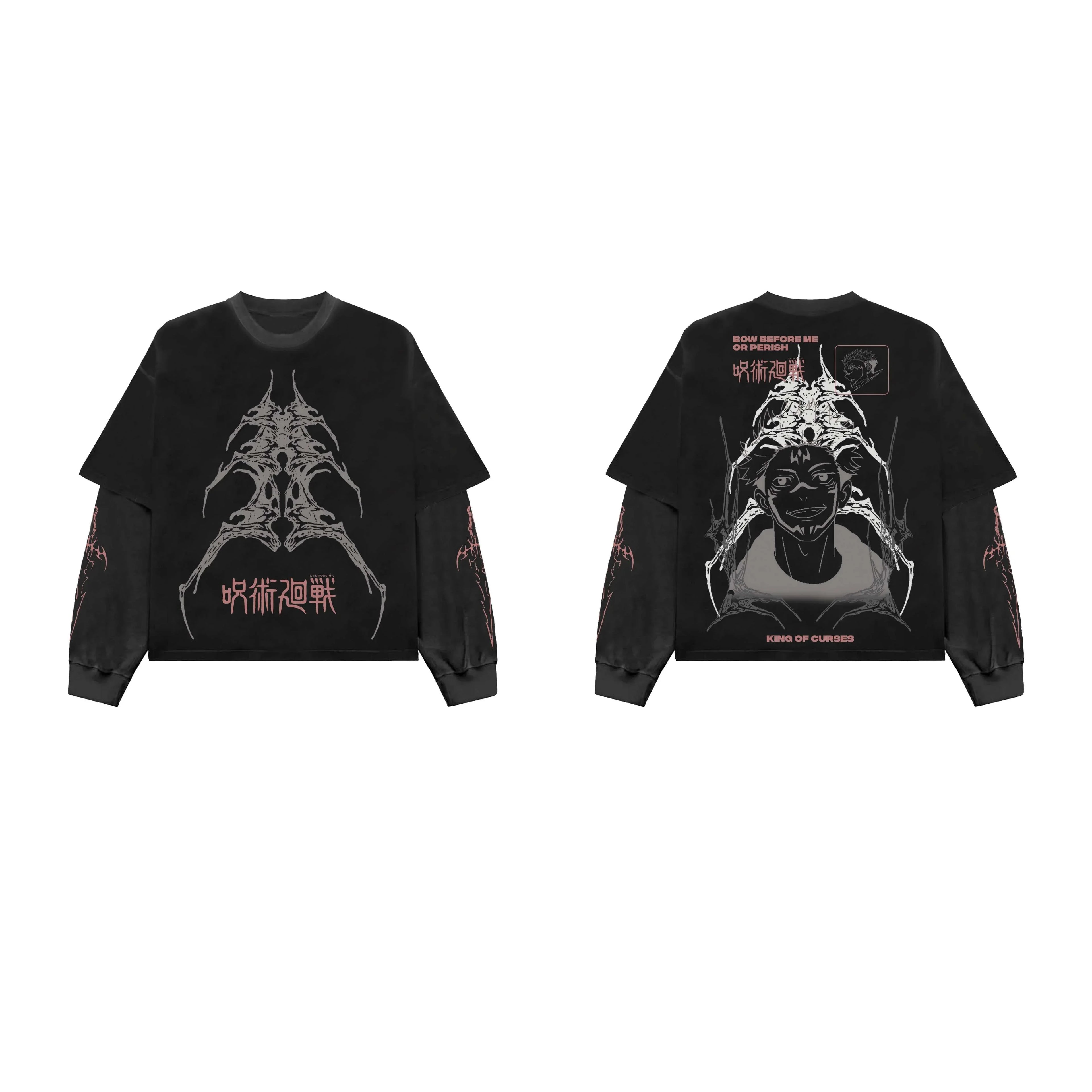 Black and grey Sukuna Designed long sleeve T-shirt by Jnorss, featuring detailed Sukuna artwork on the front.