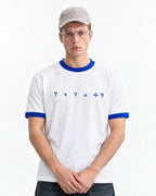 7×7=49 Ringer Tee — front view on model