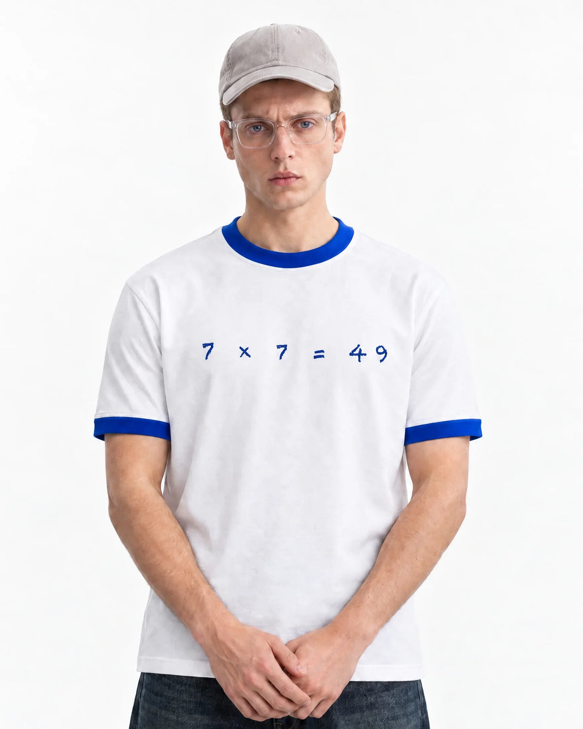 7×7=49 Ringer Tee — front view on model