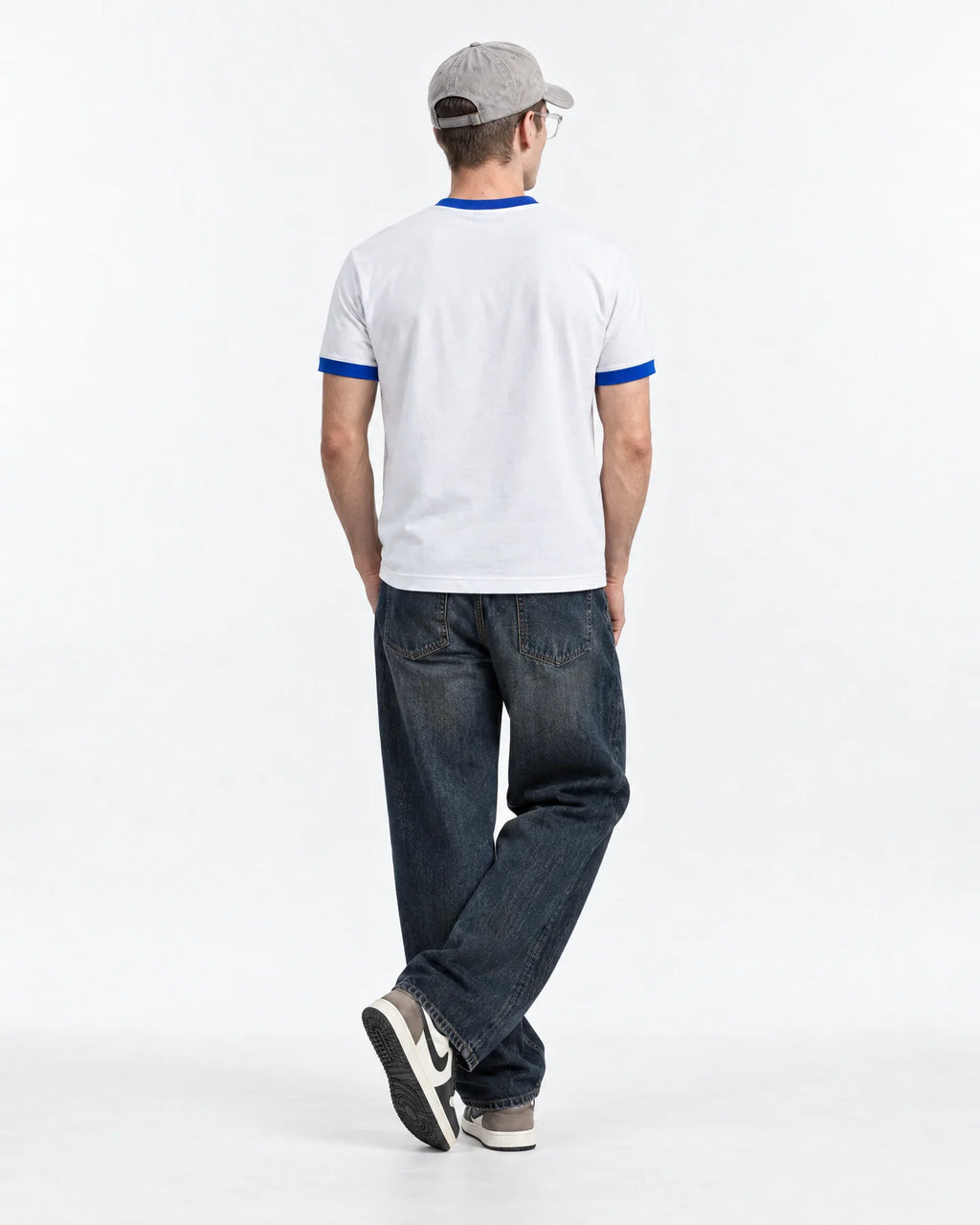 7×7=49 Ringer Tee — full-body rear view on model