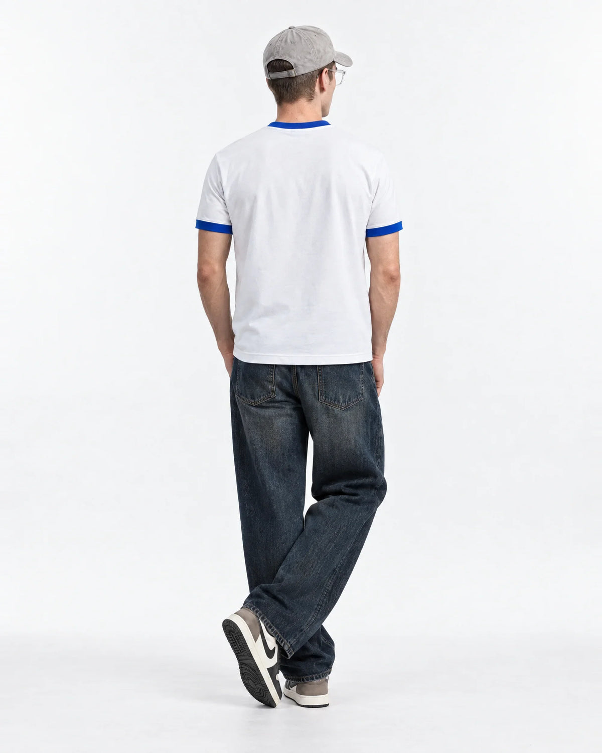7×7=49 Ringer Tee — full-body rear view on model