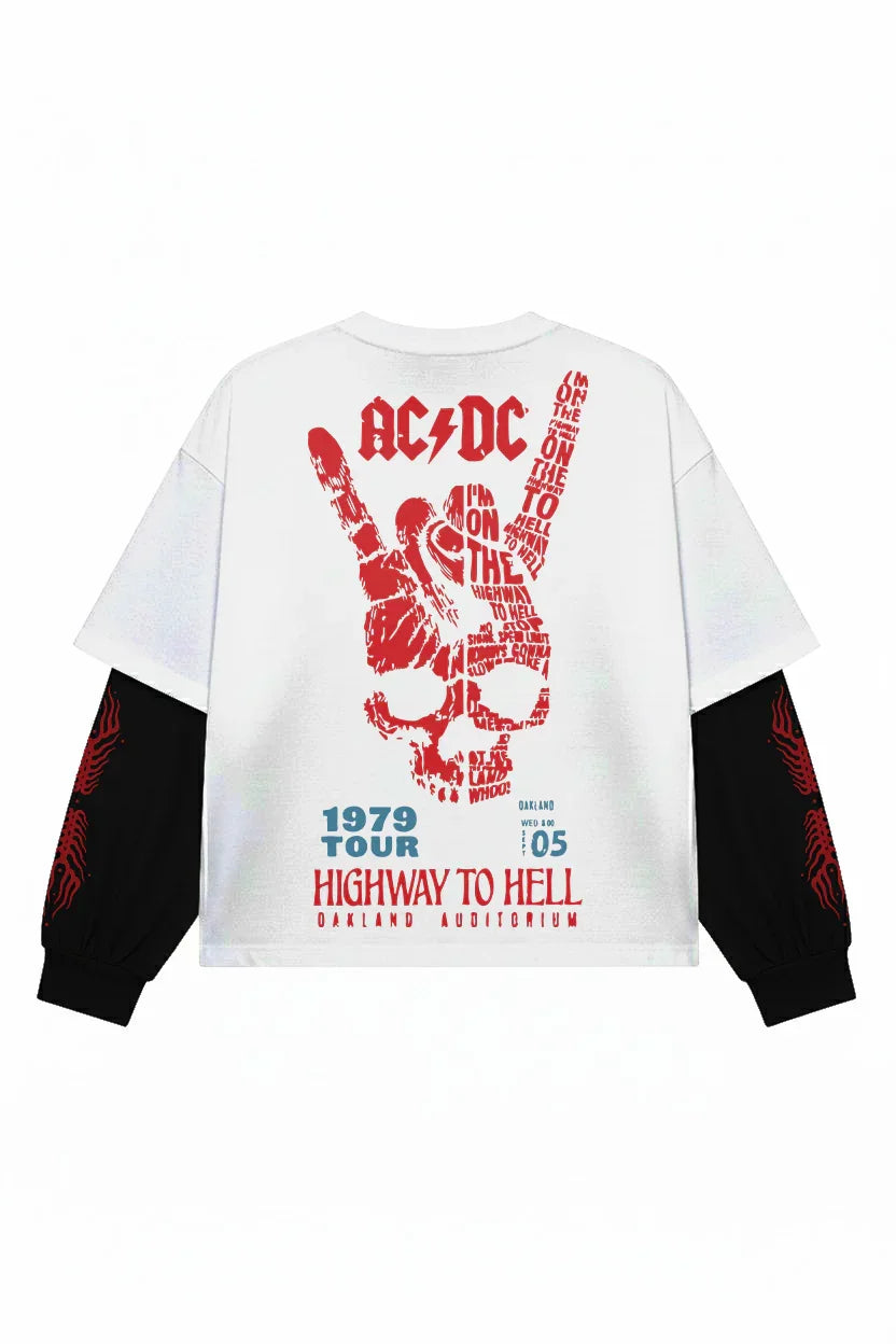 White and black ACDC Bolt Rage '79 oversized LS tee by Jnorss, featuring bold graphic print on the front.