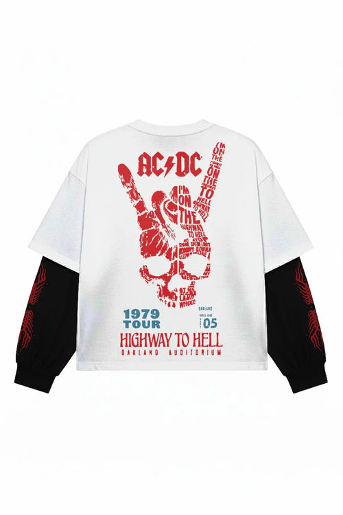 White and black ACDC Bolt Rage '79 oversized LS tee by Jnorss, featuring bold graphic print on the front.