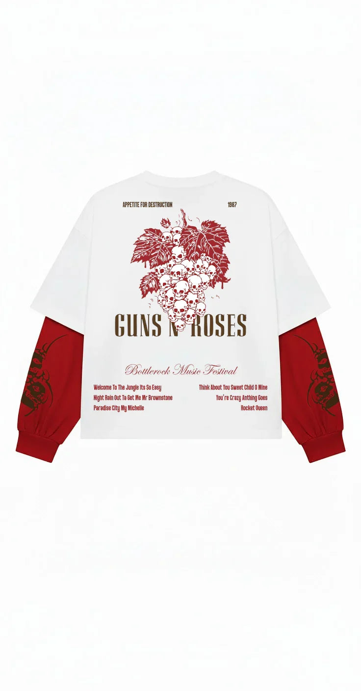 White and red Guns N’ Roses Sweet Destruction long sleeve tee shirt by Jnorss, featuring band logo and graphic design.