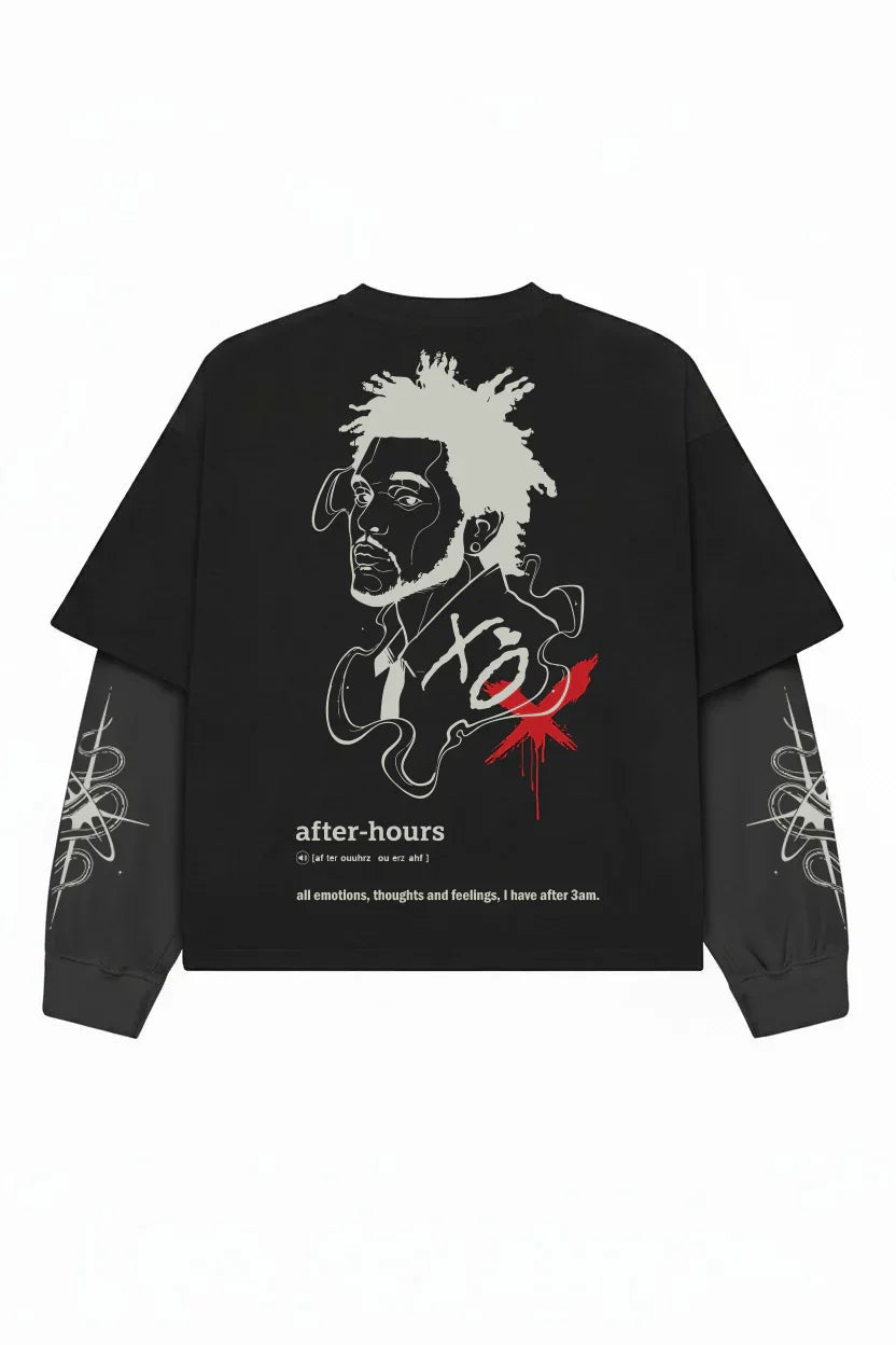 Black and grey The Weeknd XO Eclipse LS Tee by Jnorss, featuring a sleek design with the band's logo and stylish long sleeves.