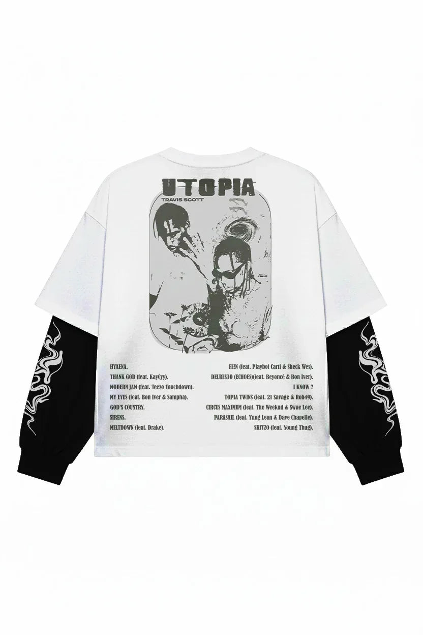 White and black Travis Scott Utopia Chaos long sleeve tee by Jnorss with bold graphic design on front.