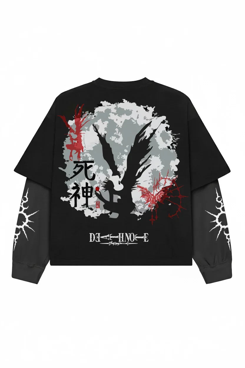 Black and grey Death Note Shinigami Shadow LS Tee by Jnorss, featuring a graphic print of the Shinigami on the front.
