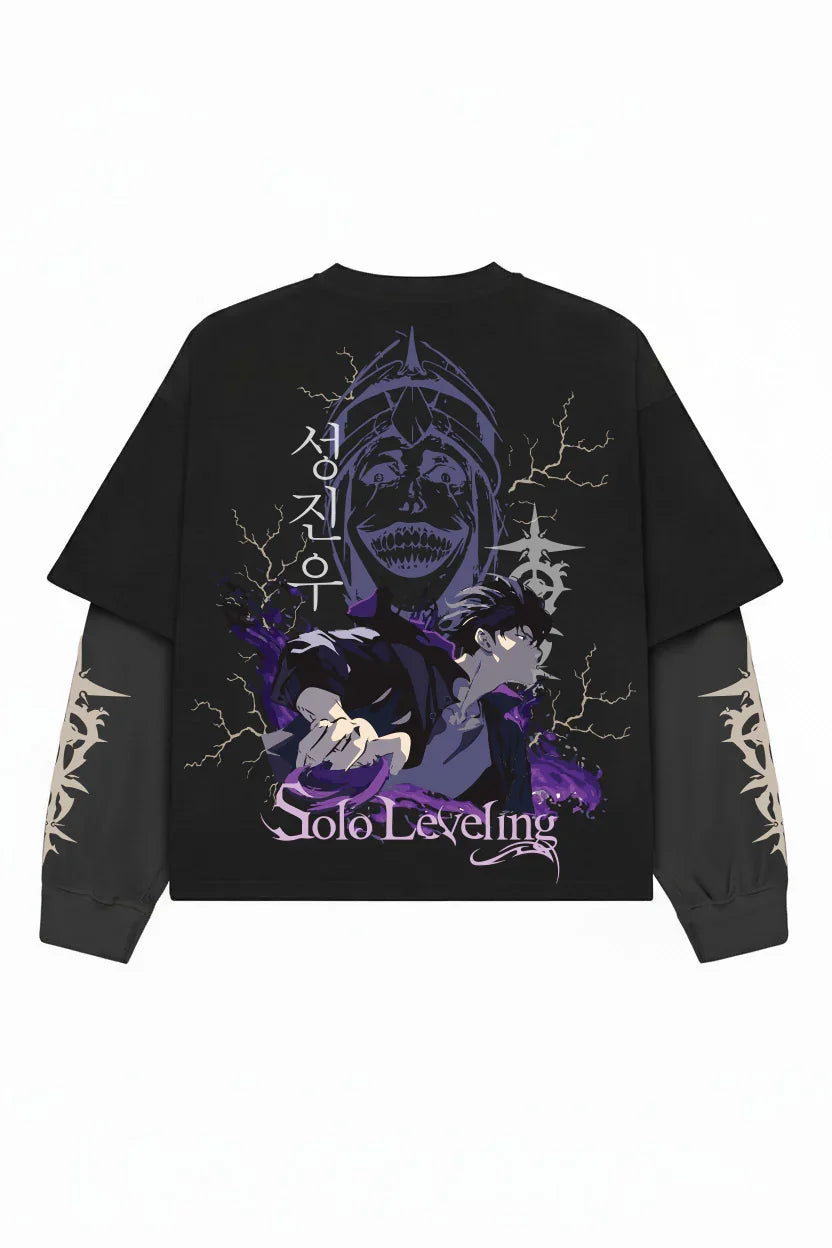 Black and grey Solo Leveling Sung Jin-Woo Arise LS Tee by Jnorss, featuring a stylish graphic design on the front.