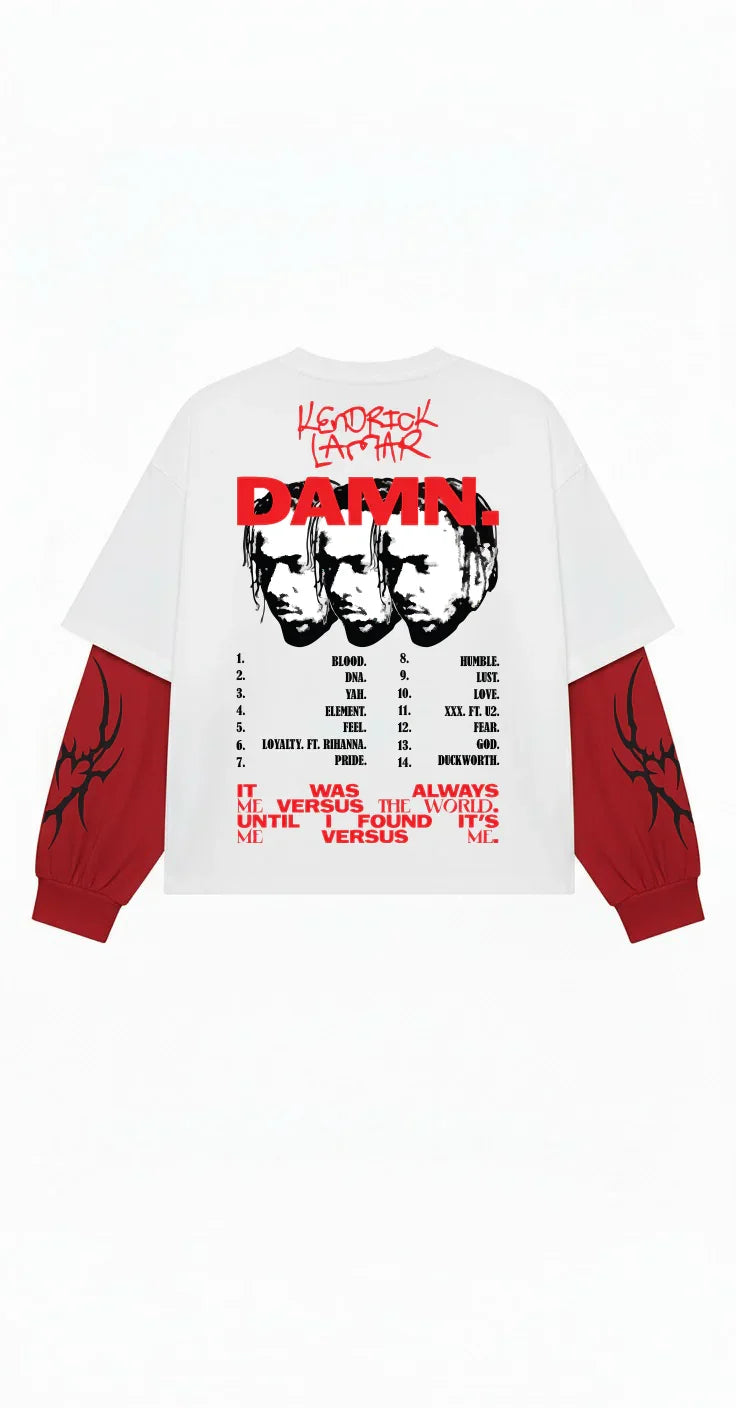 White and red Kendrick Lamar DAMN Legacy LS Tee by Jnorss, featuring bold graphic design on the front.
