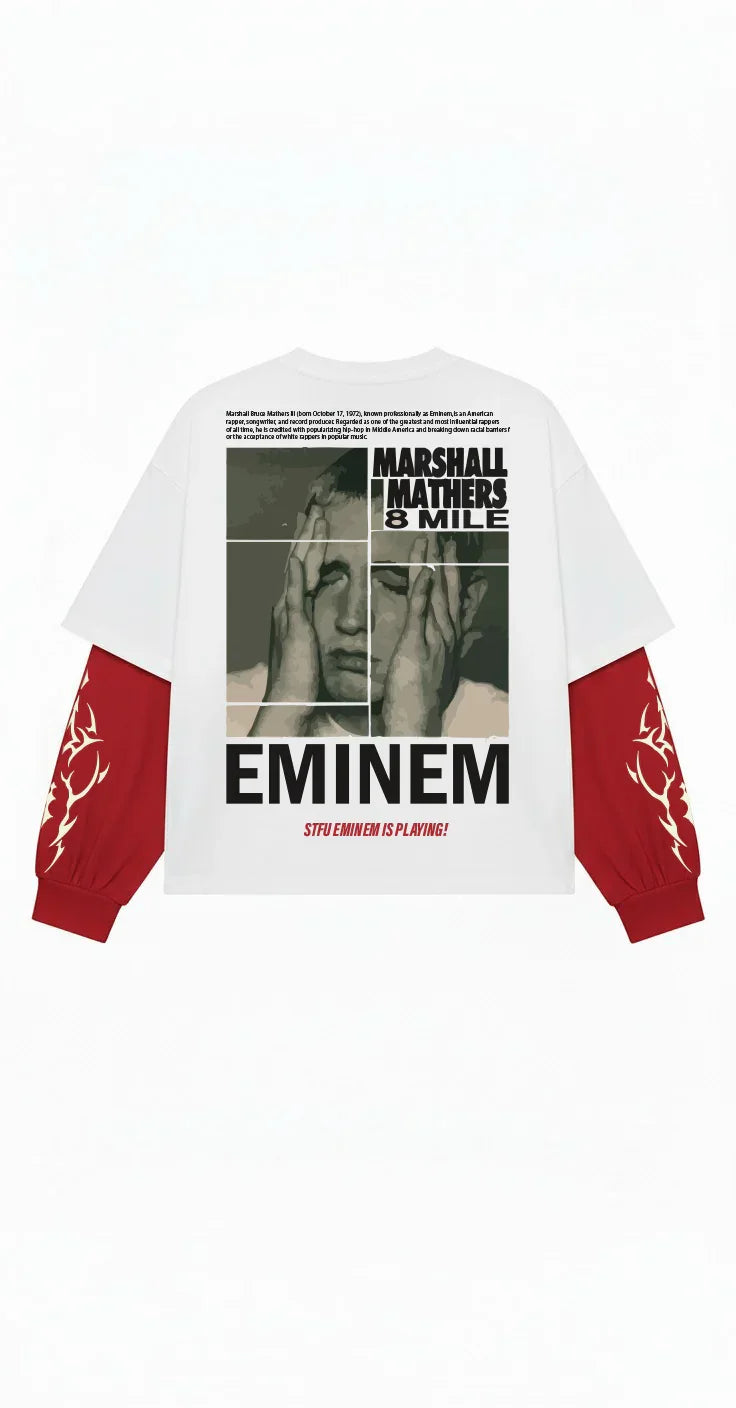 White and red Eminem STFU Sessions long sleeve tee by Jnorss featuring bold graphic design on the front.