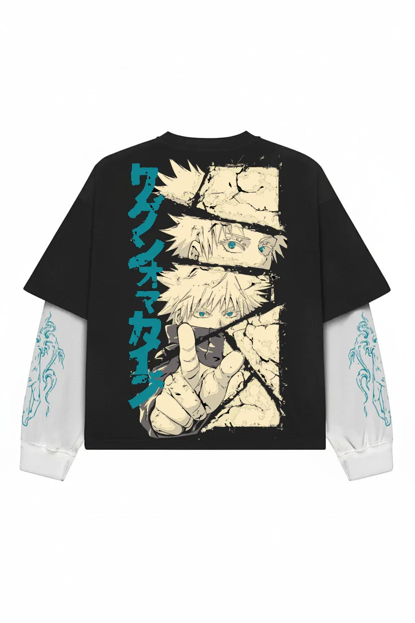 Black and white Jujutsu Kaisen Gojo’s Wrath LS Tee by Jnorss featuring graphic design and long sleeve style.