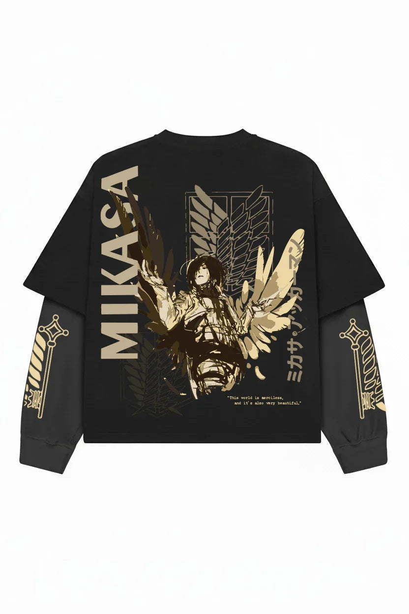 Black and grey Attack on Titan Wings of Mikasa LS Tee by Jnorss, featuring a graphic design of Mikasa's wings on the front.
