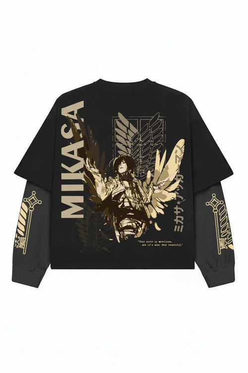 Black and grey Attack on Titan Wings of Mikasa LS Tee by Jnorss, featuring a graphic design of Mikasa's wings on the front.
