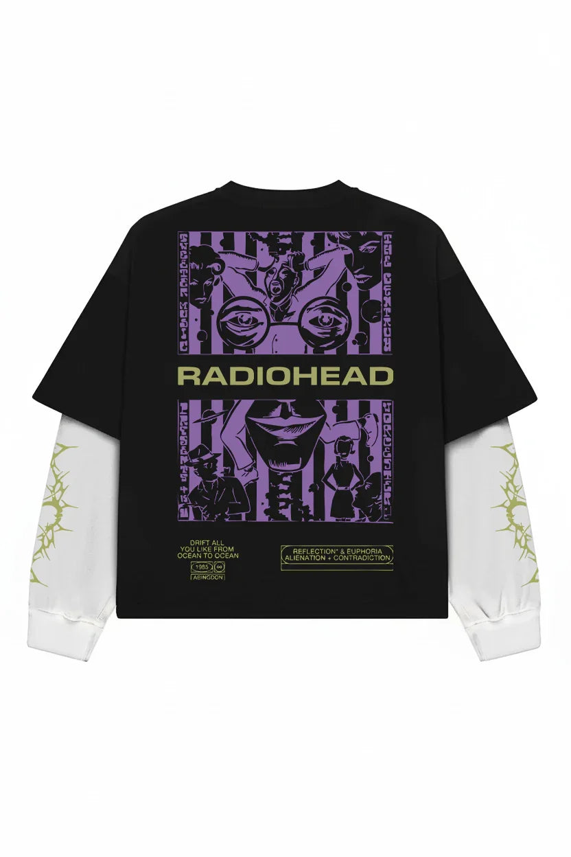Black and white Radiohead Paranoid Bloom Alennation LS Tee by Jnorss, featuring a graphic design on the front.