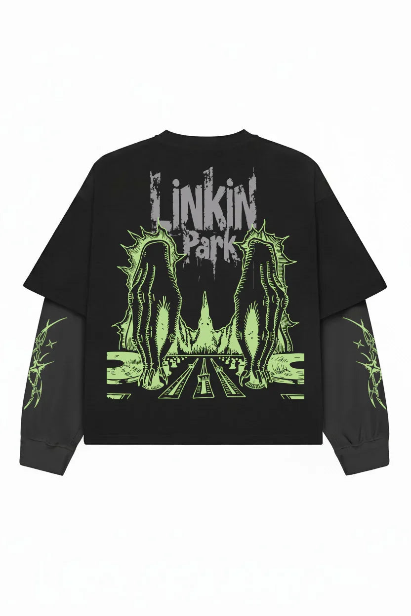 Black and grey Linkin Park Meteora Chaos LS Tee by Jnorss with graphic design and band logo on the front.