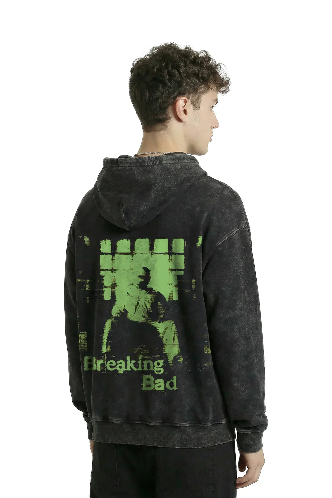 Breaking Bad Toxic Ascension acid wash hoodie by Jnorss, featuring a distressed design and casual fit, shown on a model.