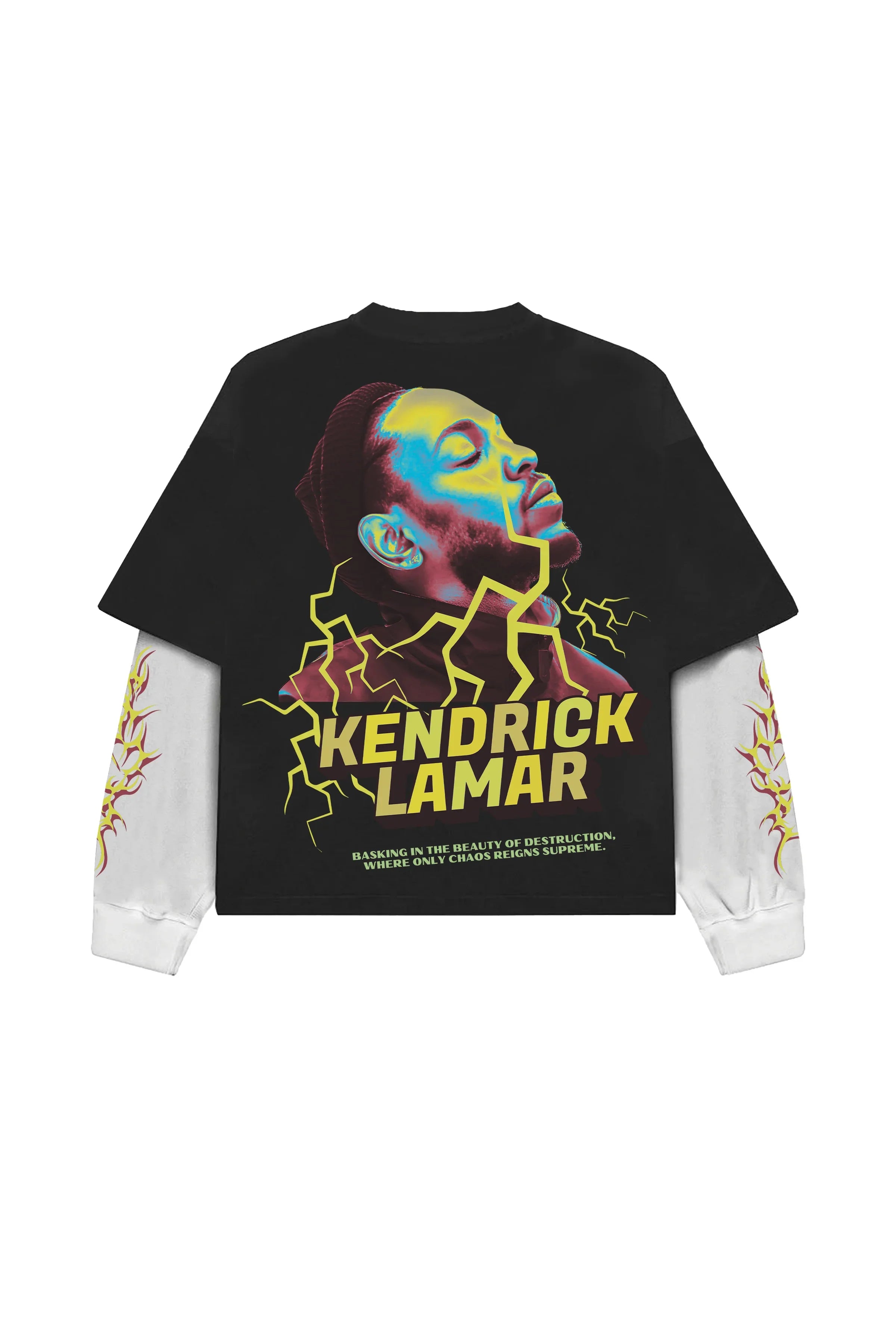 Black and white Kendrick 02 oversized long sleeve tee by Jnorss, featuring a relaxed fit and stylish design.