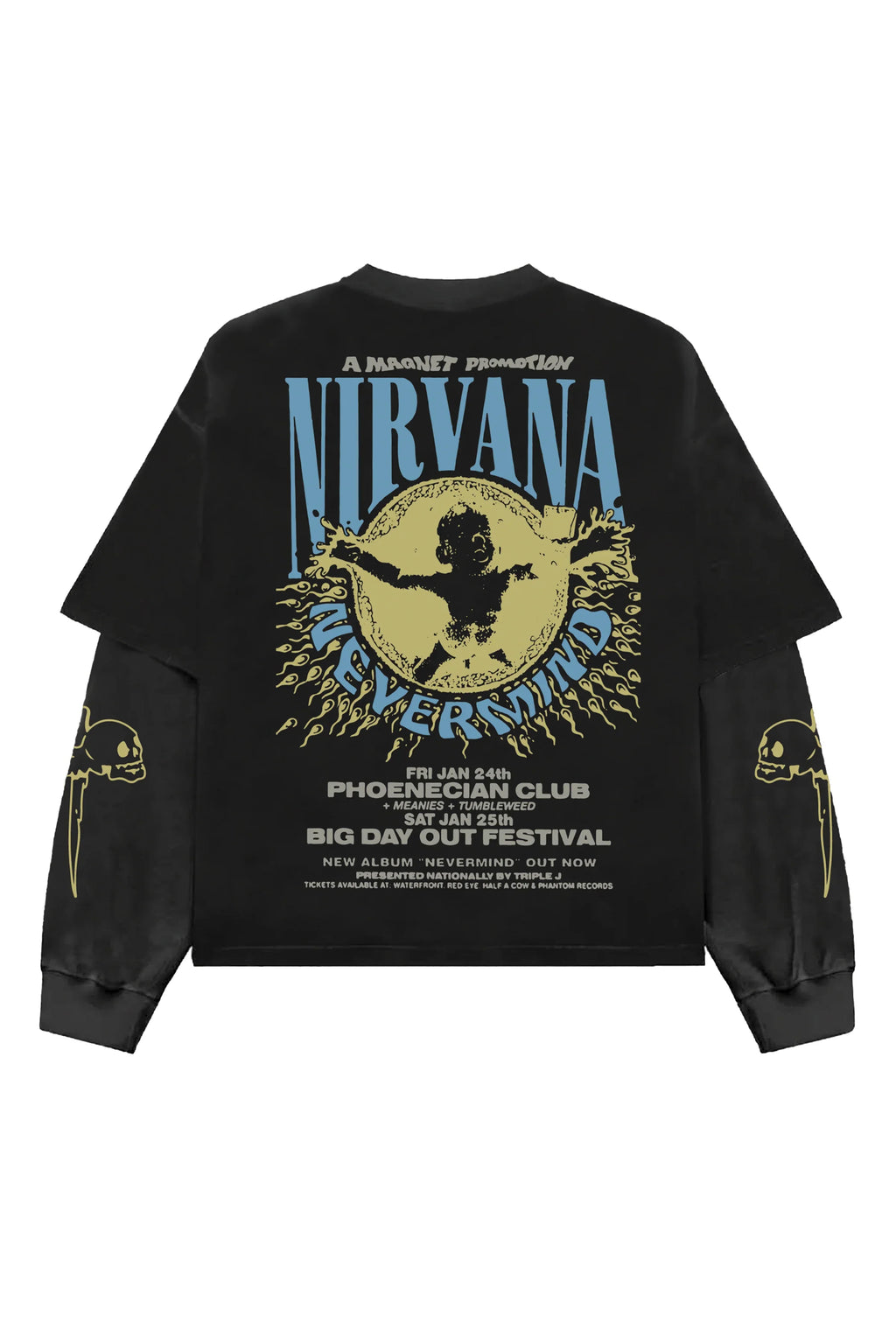 Black and grey Nirvana LS Oversized Tee by MB, featuring a relaxed fit and casual style, shown in the product image.