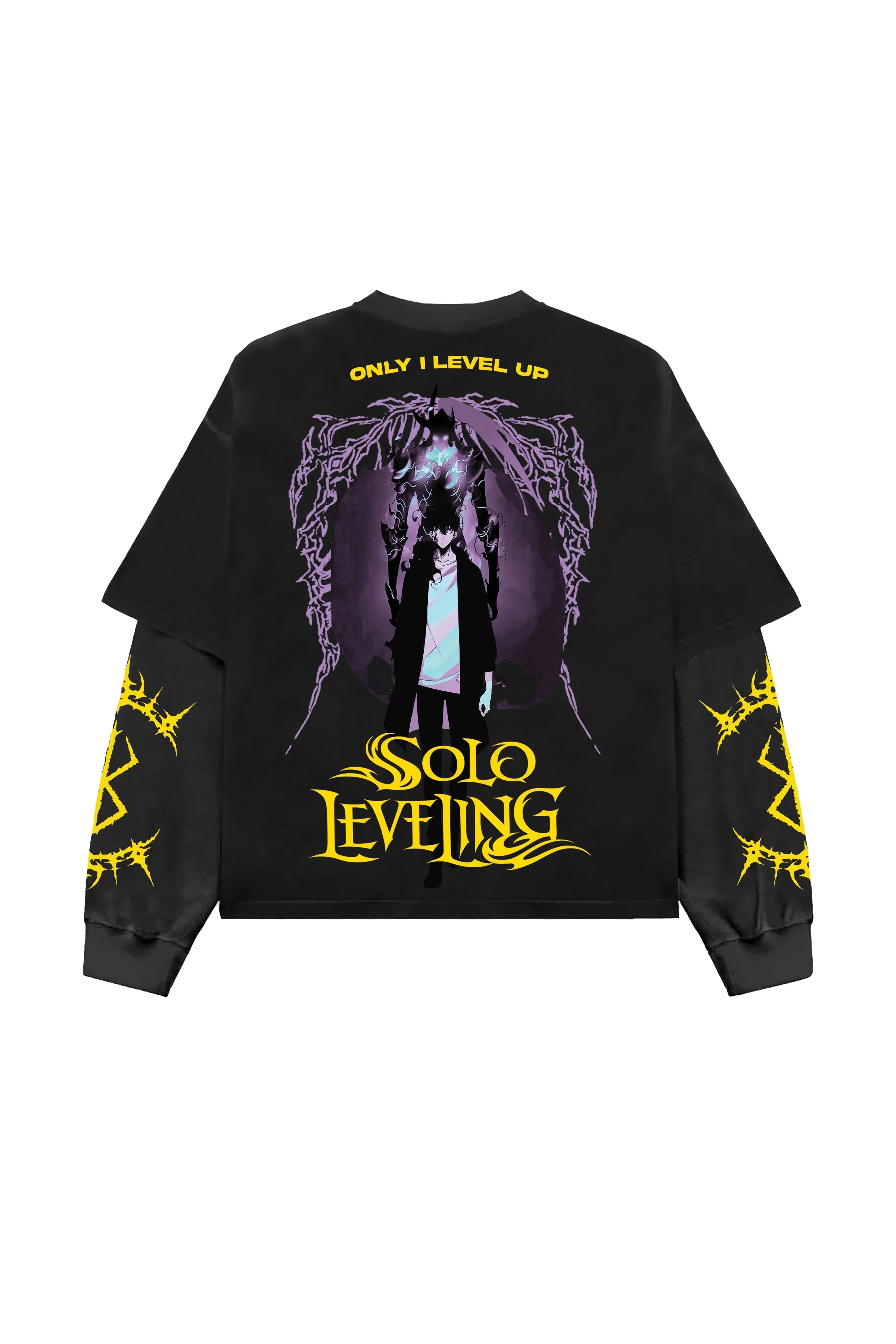 Black and grey Solo Leveling B&G long sleeve T-shirt by Jnorss, featuring a detailed graphic design on the front.