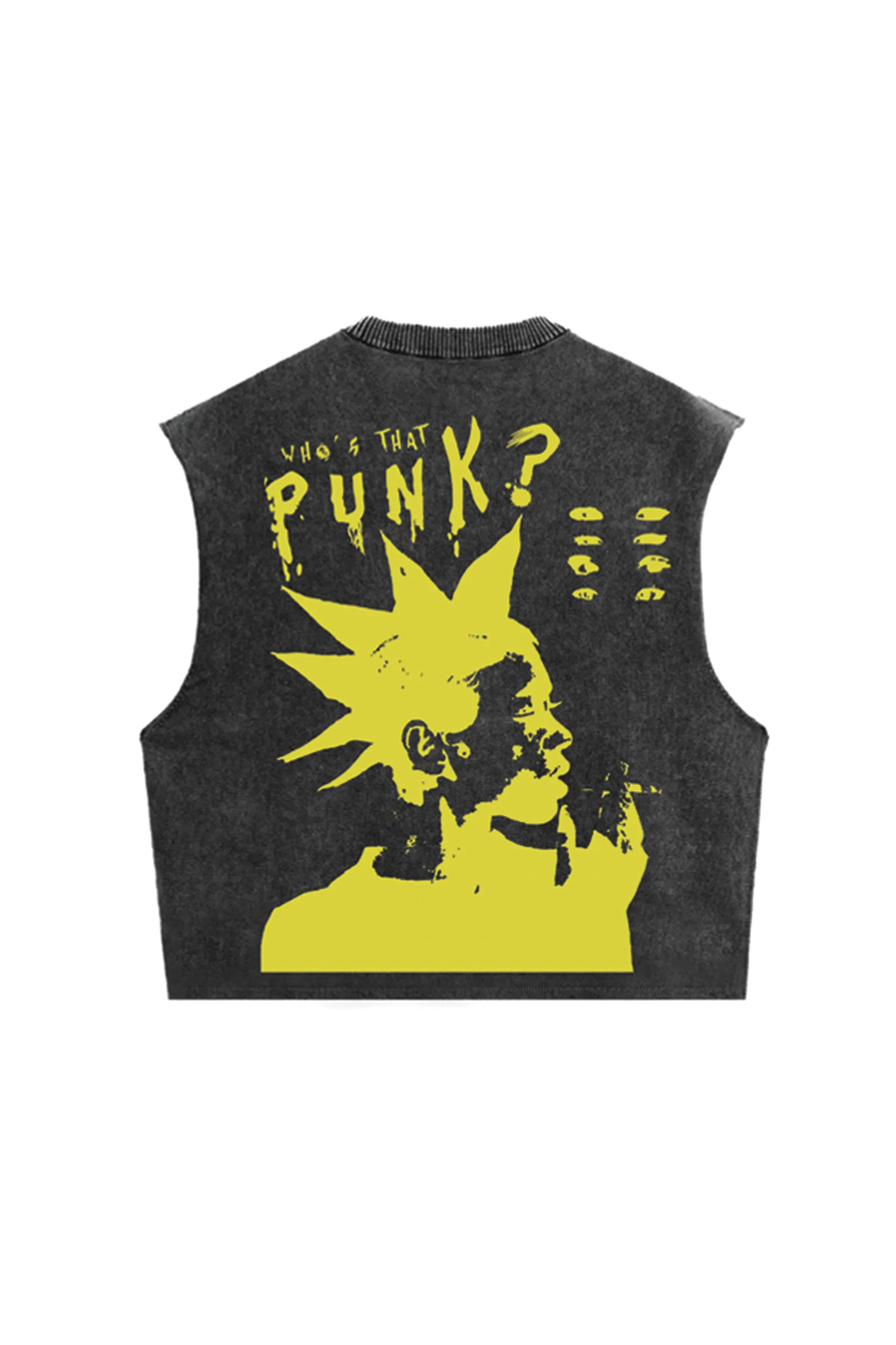 Acid wash punk vintage oversized vest by MB with distressed details and rugged style, displayed on a hanger.