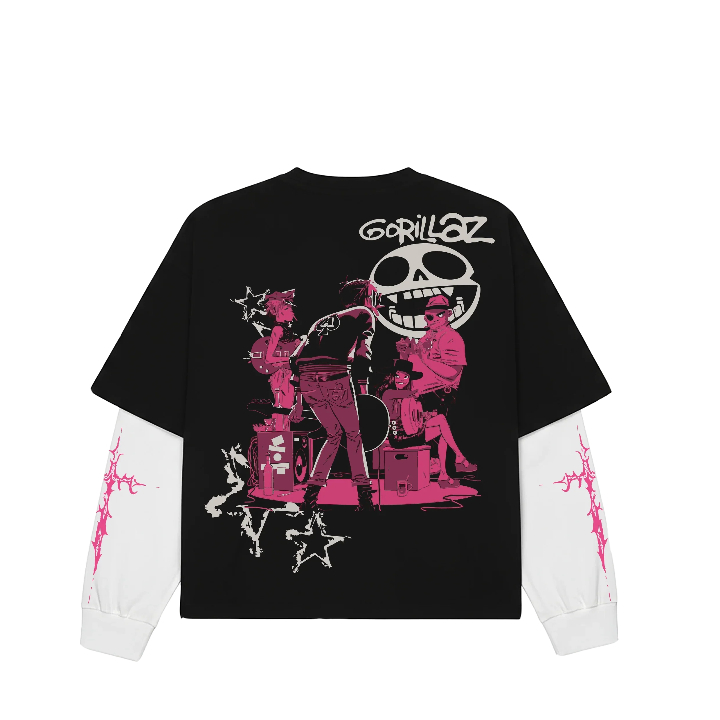 Black and white Gorillaz Groove long sleeve T-shirt by Jnorss featuring band artwork on a mockup.
