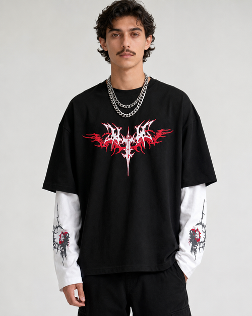 Crimson Chaos Layered Oversized  Tee