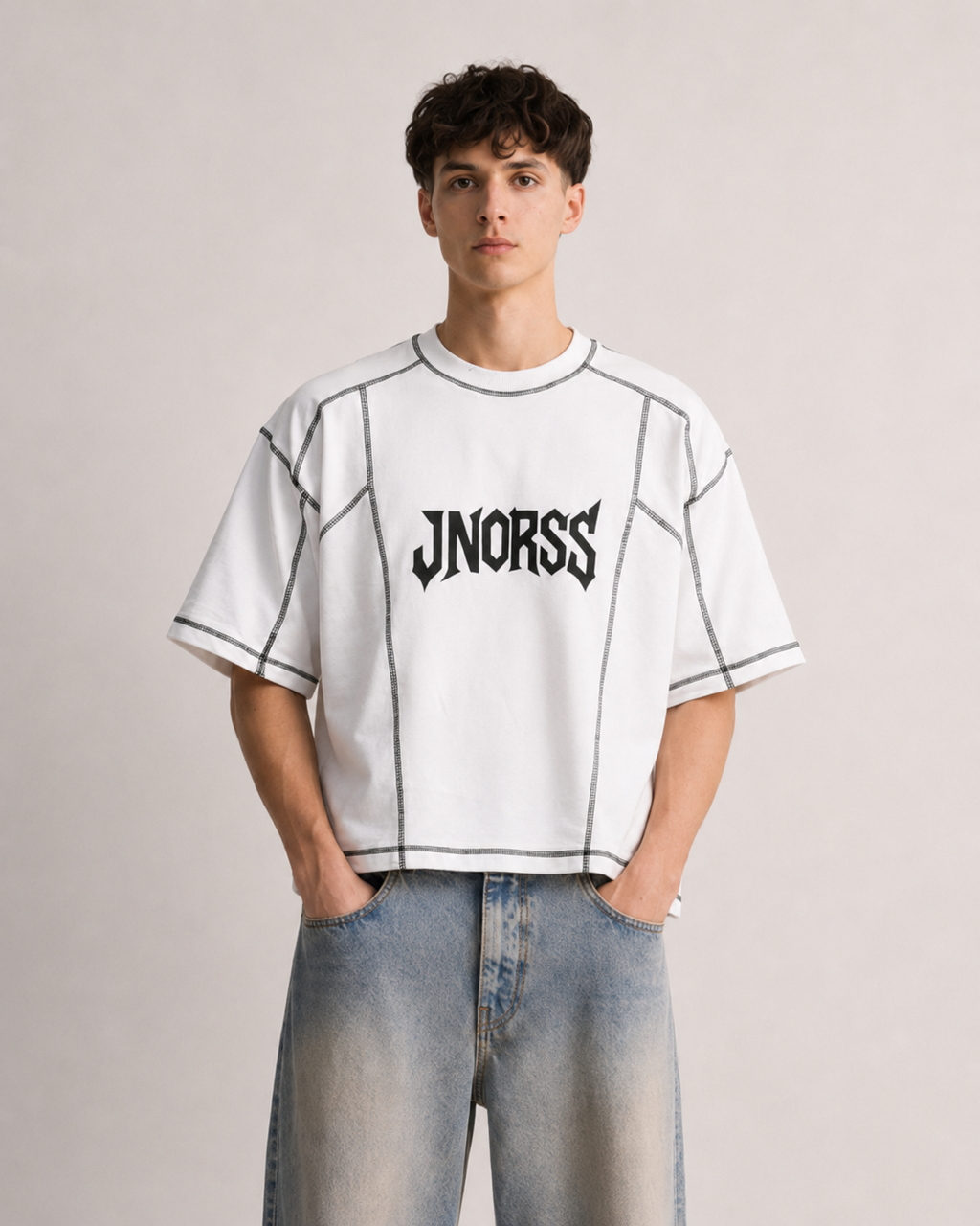 JNORSS Contrast Stitch Boxy T-Shirt-White