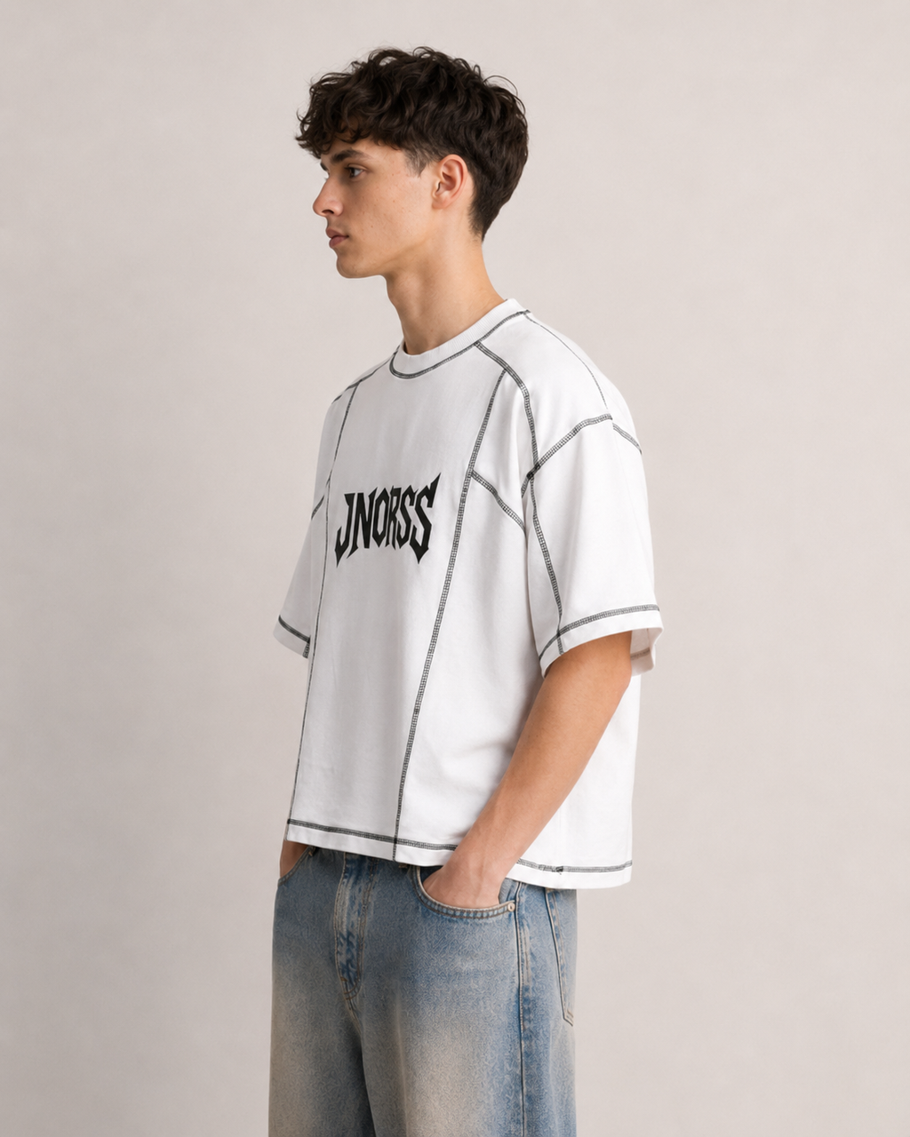 JNORSS Contrast Stitch Boxy T-Shirt-White