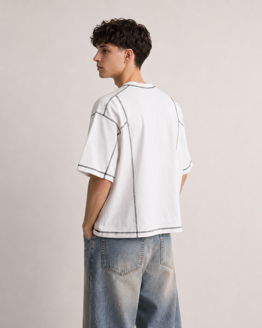 JNORSS Contrast Stitch Boxy T-Shirt-White