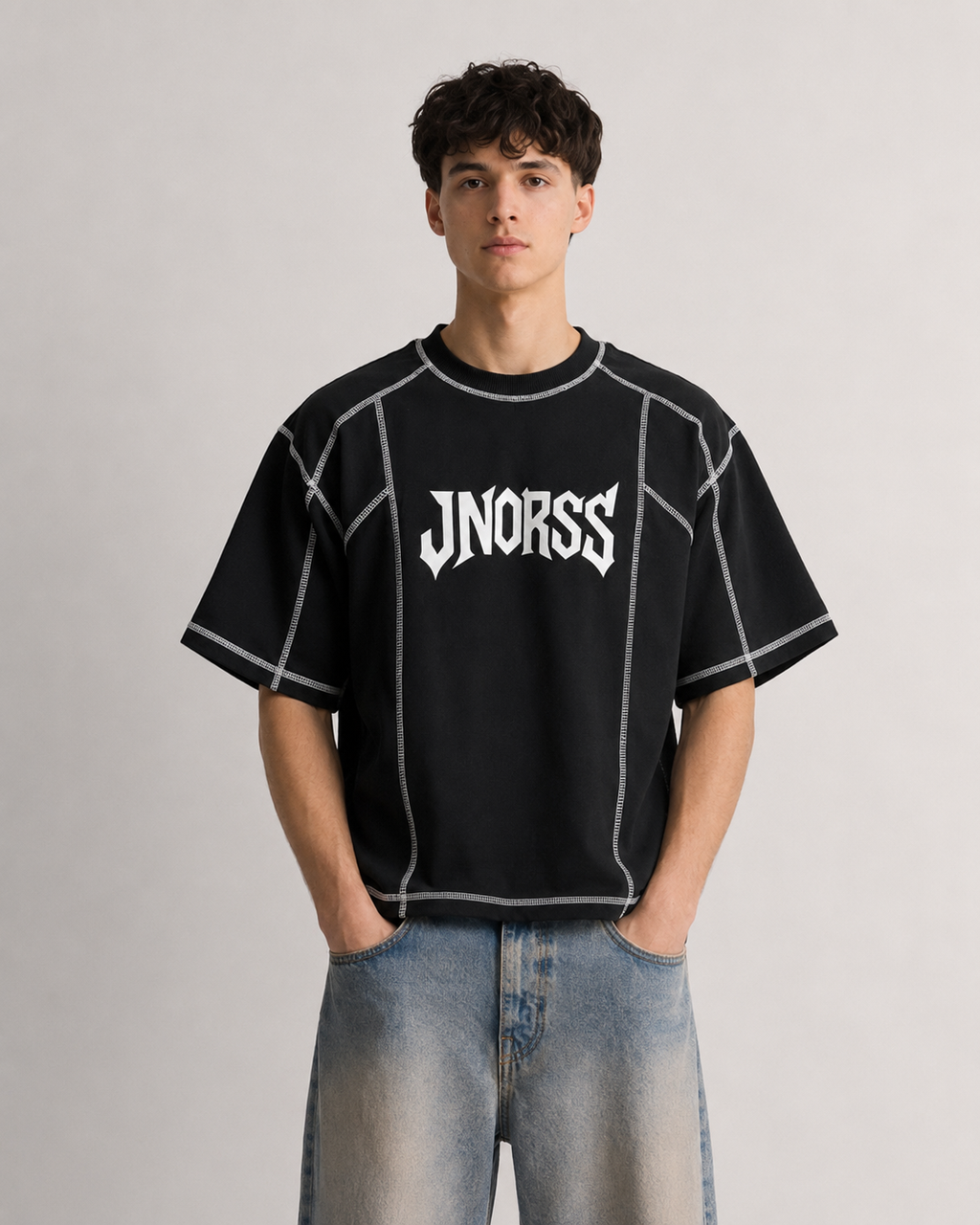 JNORSS Contrast Stitch Boxy T-Shirt-Black