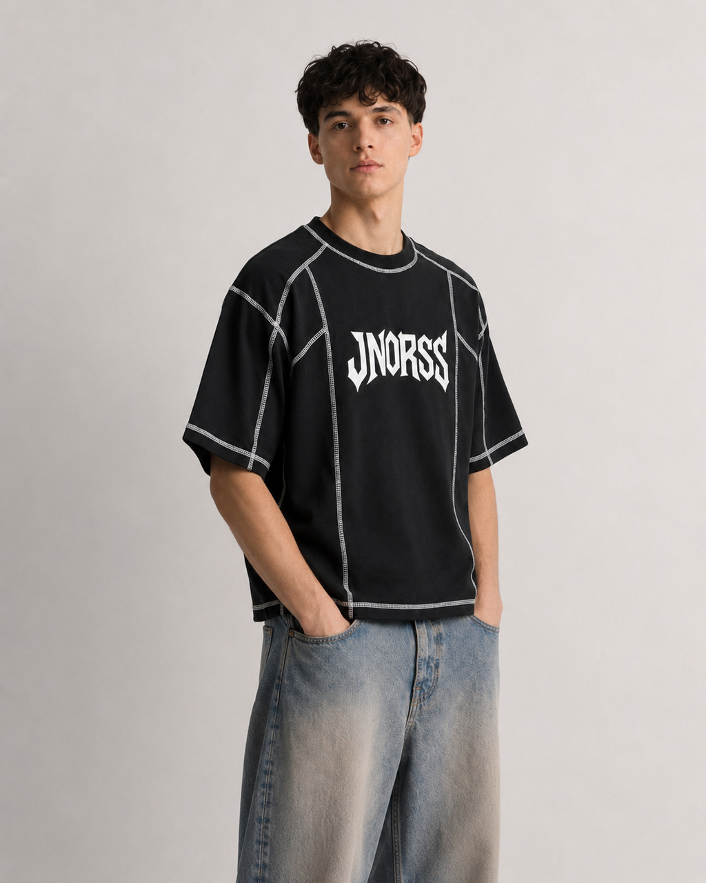 JNORSS Contrast Stitch Boxy T-Shirt-Black