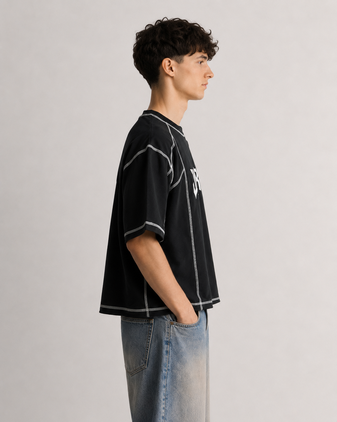 JNORSS Contrast Stitch Boxy T-Shirt-Black