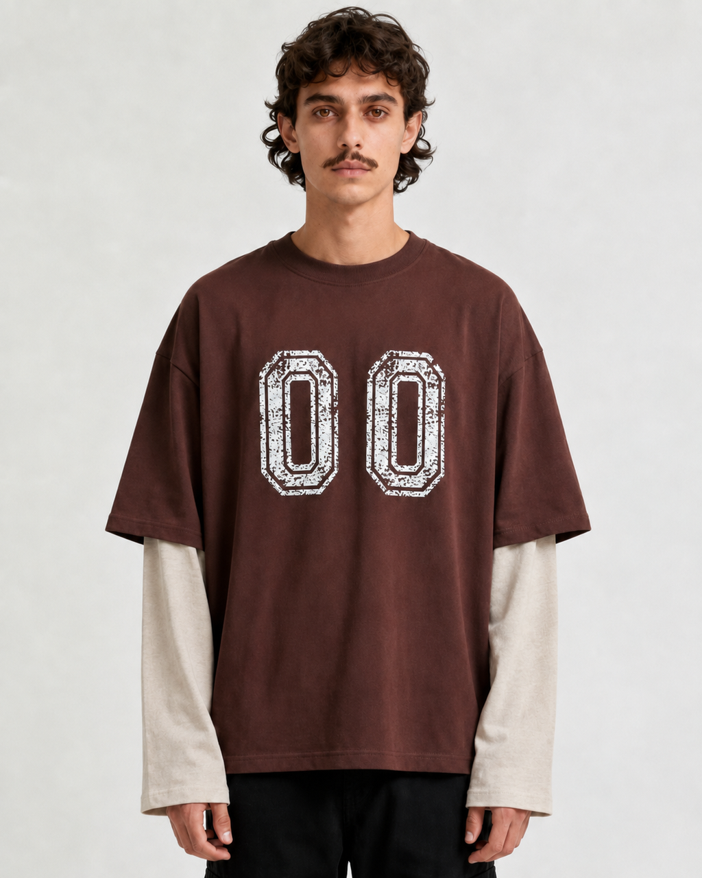 Brown & Cream “00”  Oversized Layered T-Shirt