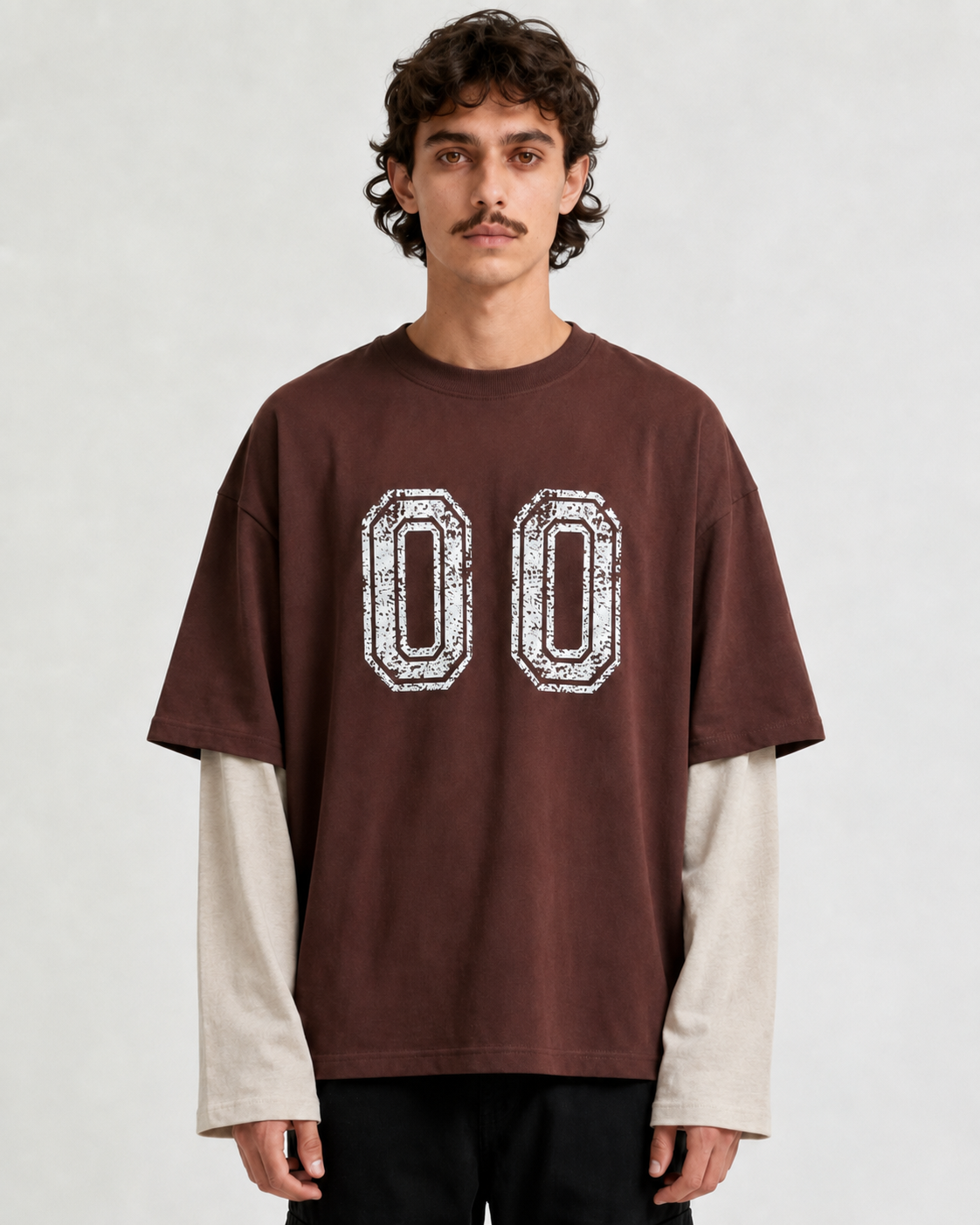Brown & Cream “00”  Oversized Layered Varsity T-Shirt