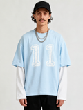 Sky Blue & White  Oversized Layered “11” Graphic T-Shirt