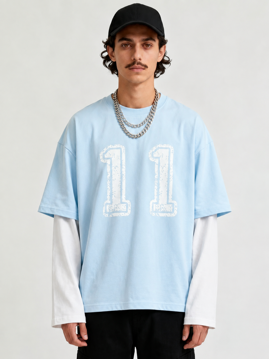 Sky Blue & White  Oversized Layered “11” Graphic T-Shirt