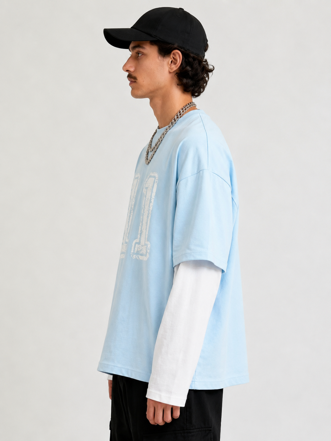 Sky Blue & White  Oversized Layered “11” Graphic T-Shirt