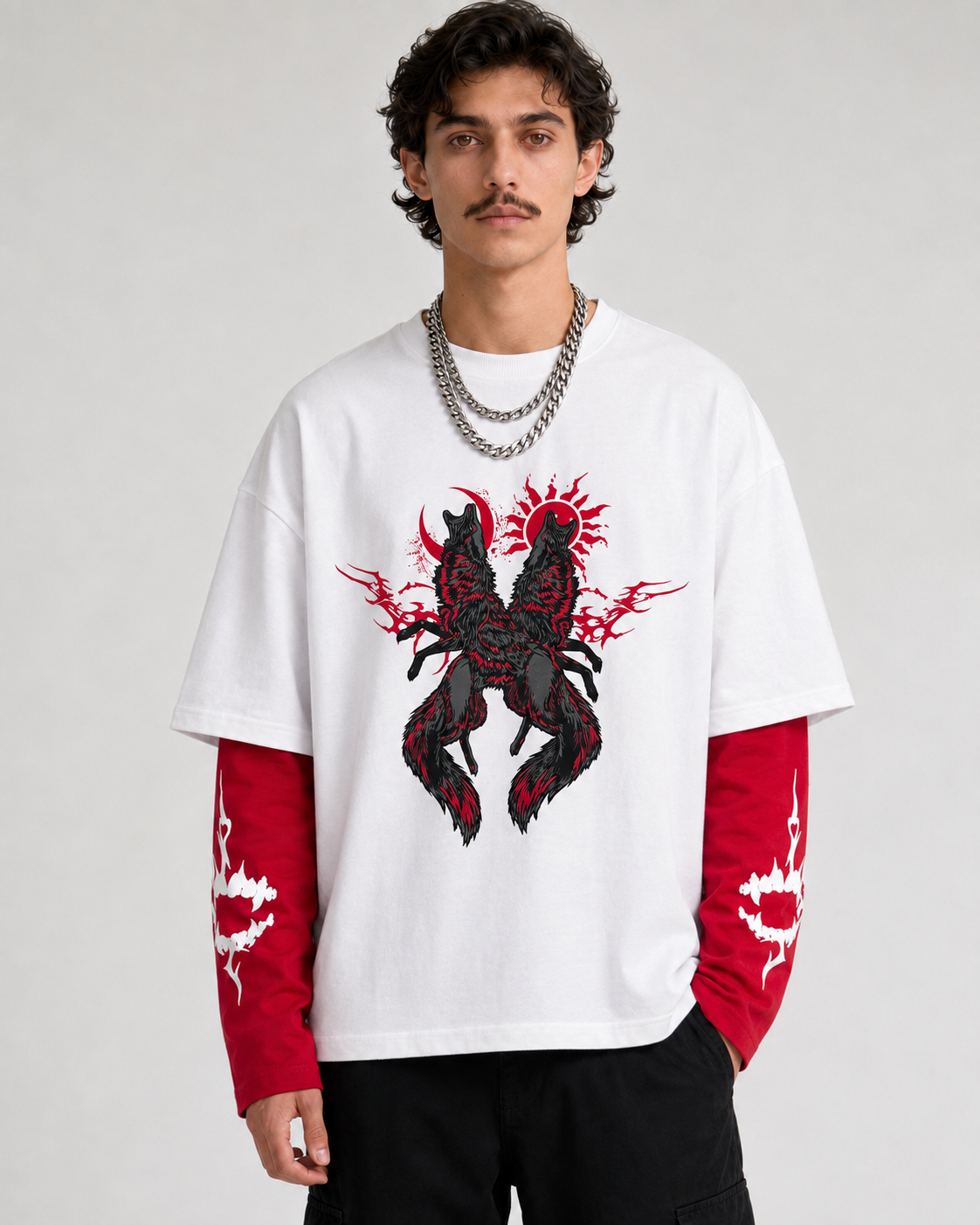 Red Moon Wolf Layered Ovesized Tee
