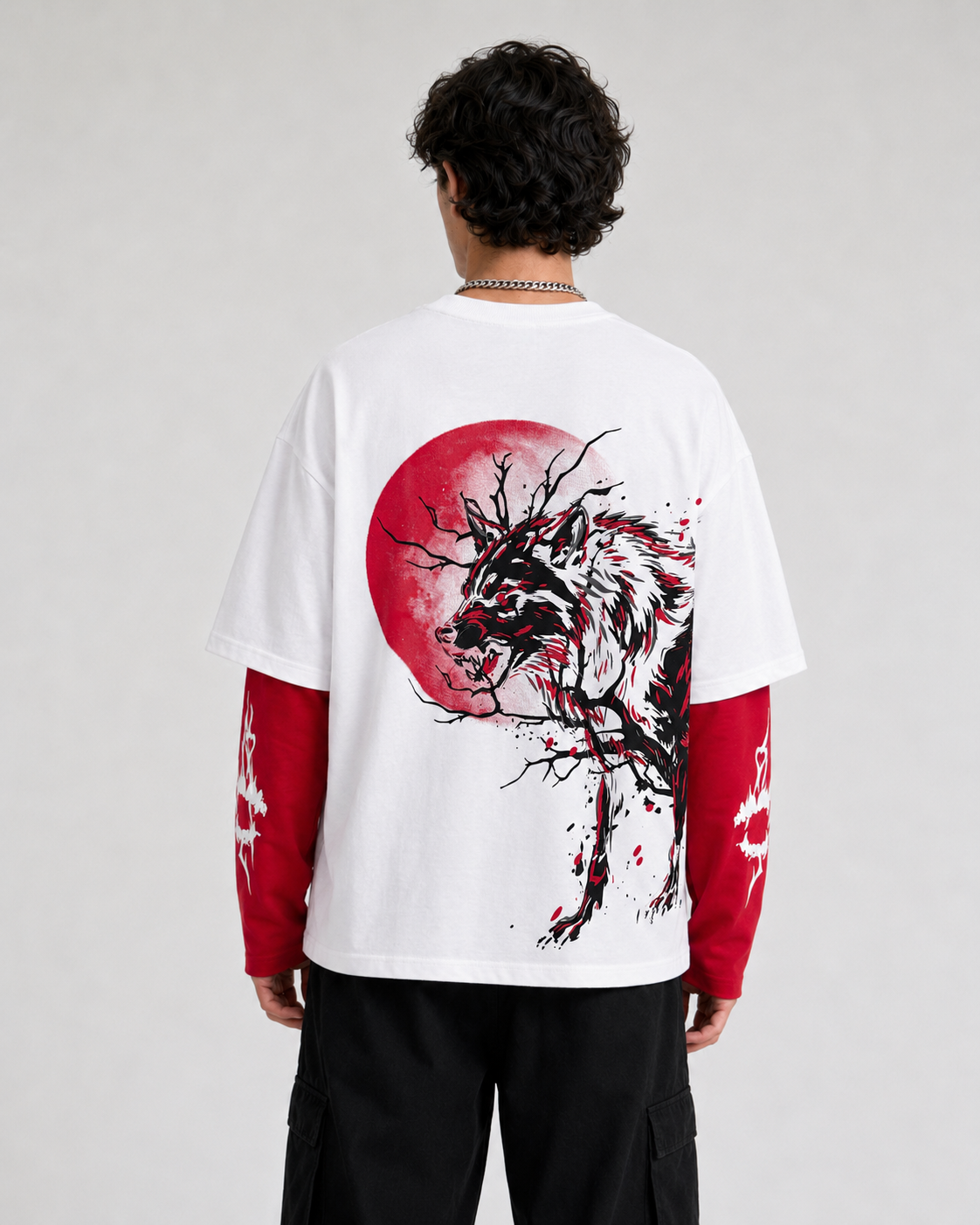 Red Moon Wolf Layered Ovesized Tee