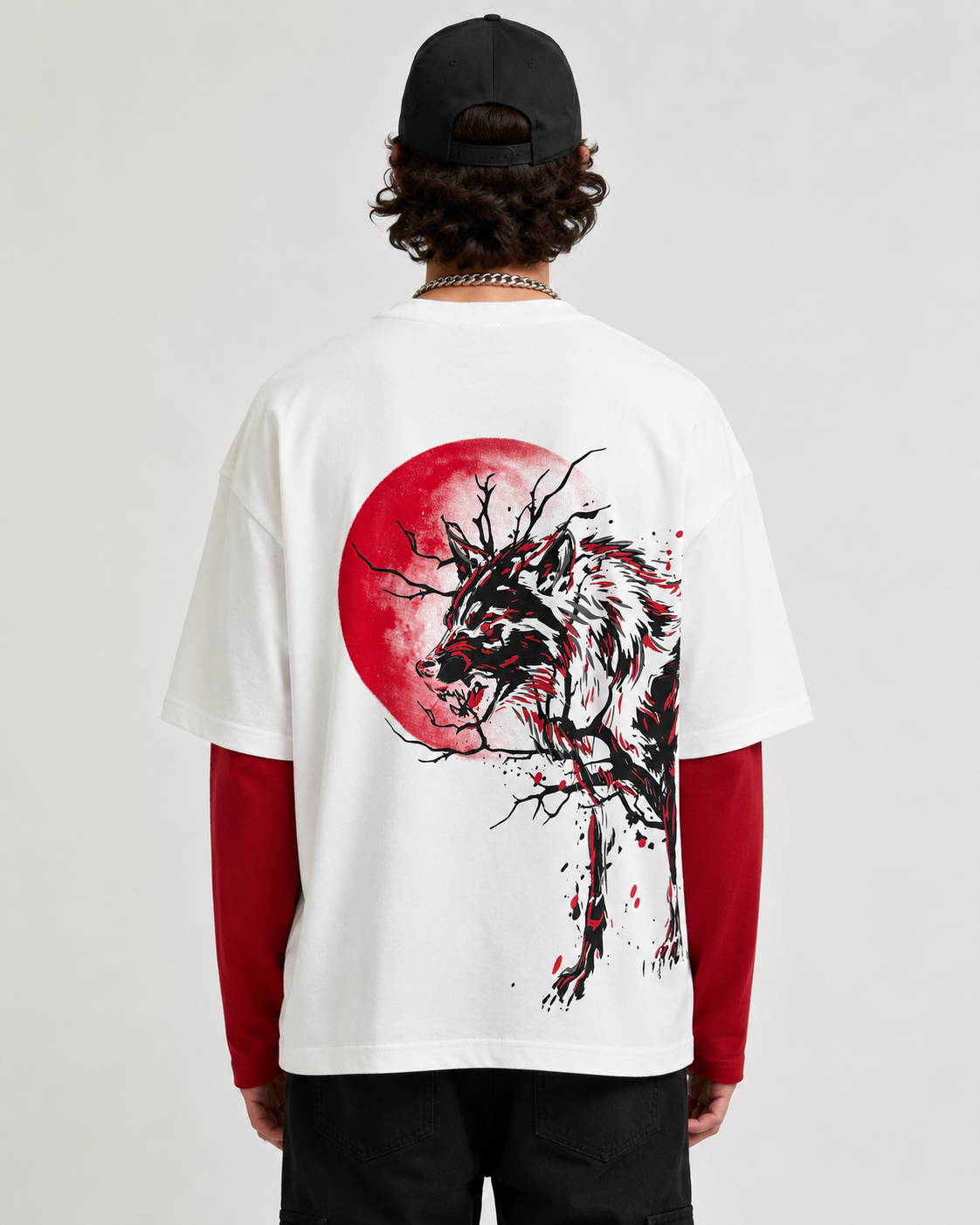 Red Moon Wolf Layered Ovesized Tee
