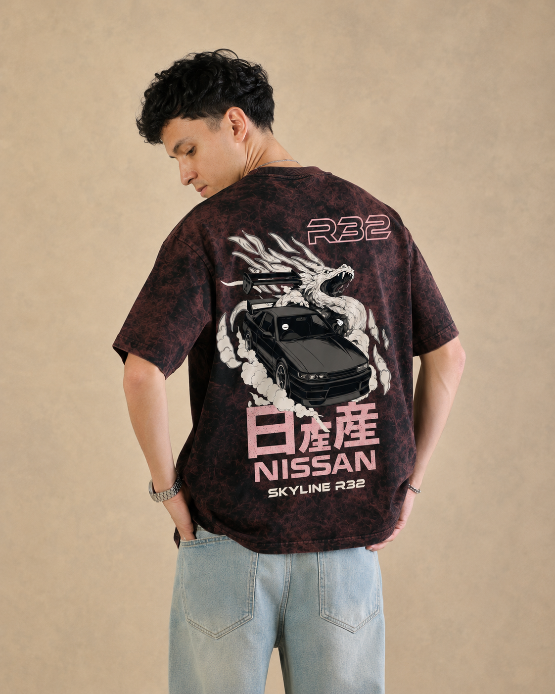 Skyline R32 Dragon Drift Acid Wash Oversized Tee