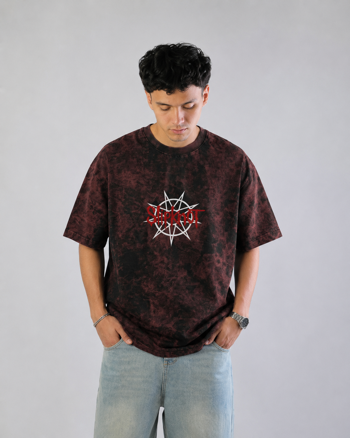Slipknot Star Skull Red Acid Wash Oversized T-Shirt