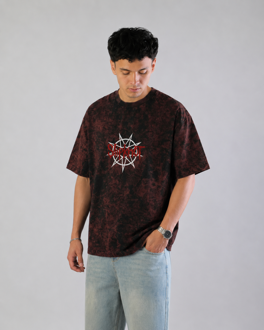 Slipknot Star Skull Red Acid Wash Oversized T-Shirt