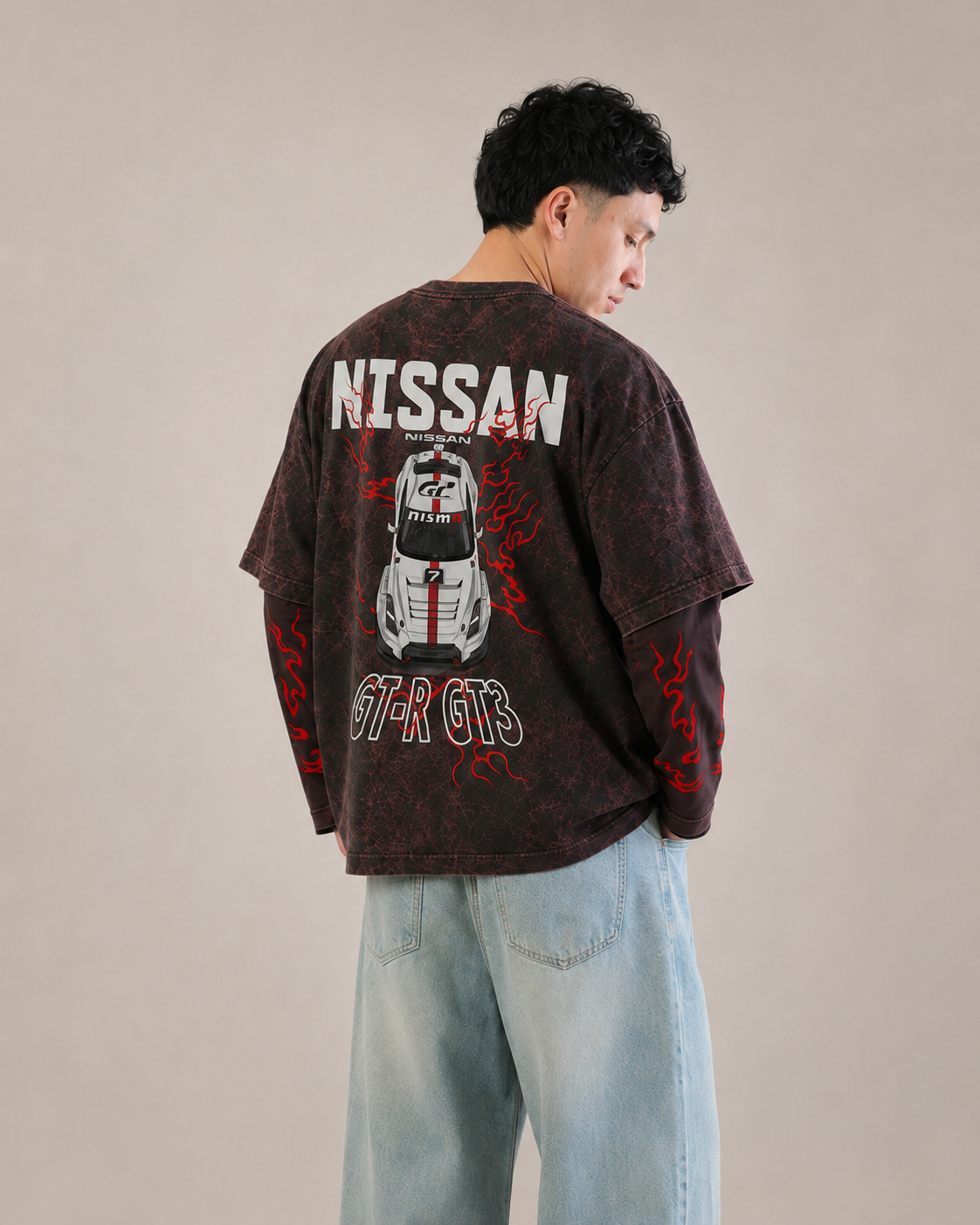 Nissan GT-R GT3 Vintage Acid Wash Layered Full Sleeve T-Shirt
