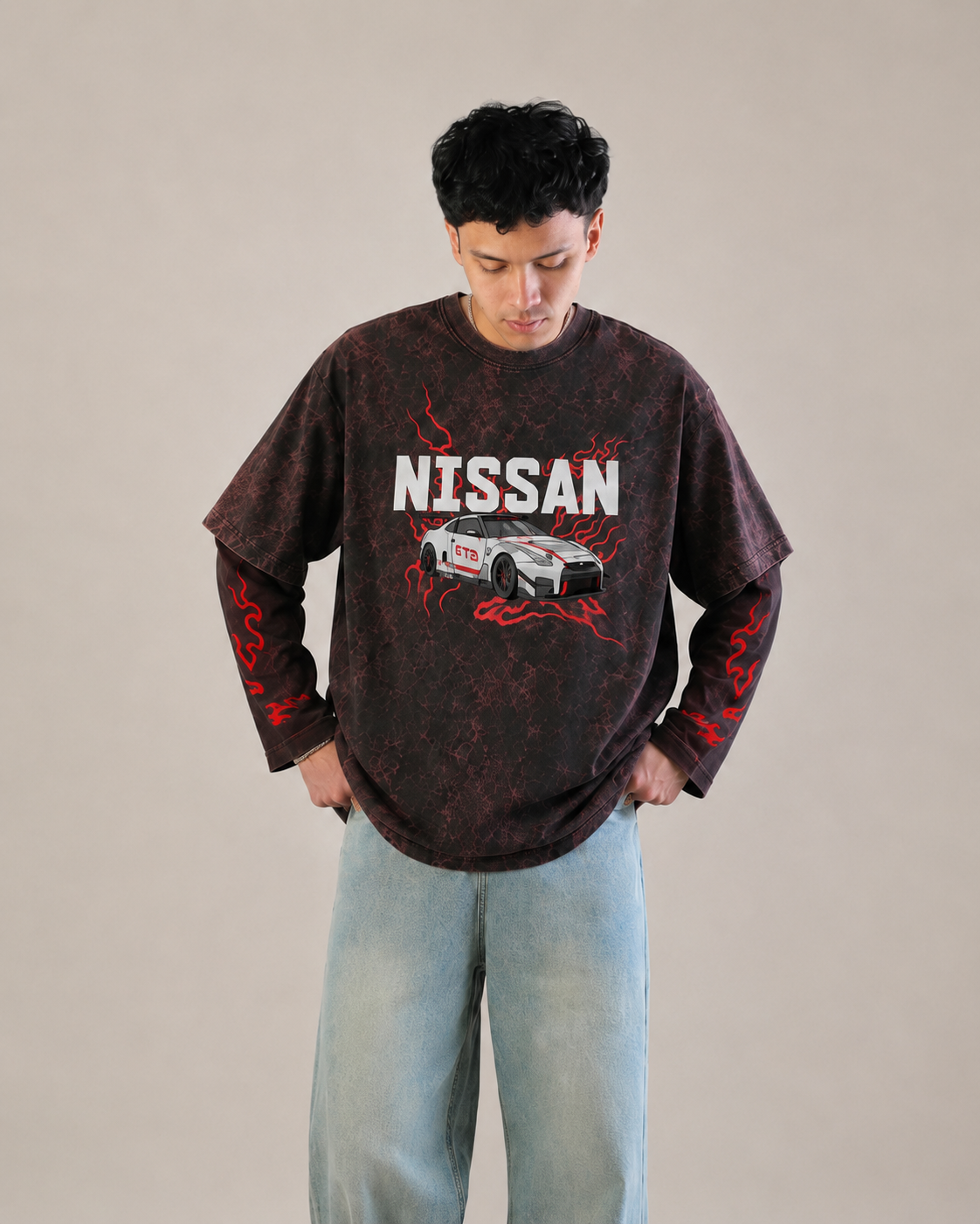 Nissan GT-R GT3 Vintage Acid Wash Layered Full Sleeve T-Shirt